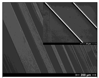 Ridge waveguides patterned in amorphous LiNbO3 and re-crystallized by solid state regrowth.  